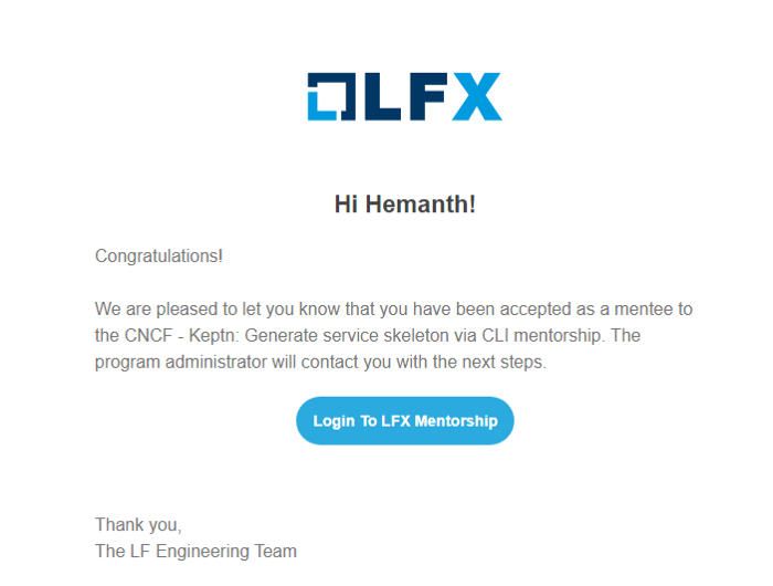 The email informing my acceptance into LFX Mentorship Programme