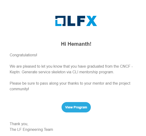 The email informing my successful graduation from the LFX CNCF Mentorship Programme
